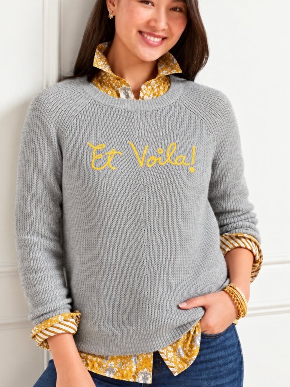 Talbots Gray Et Voila Embroidered Shaker Stitch Knit Pullover Sweater SZ 2X Chic